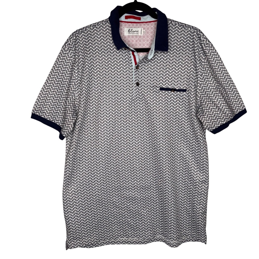 Blanc Mens Organic 100% Cotton Geometric Print Polo Shirt Navy‎ Grey Sz Large